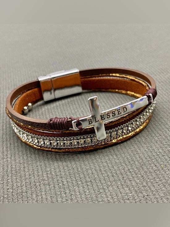 Jewelry - Blessed Cross Leather Bracelet - Brown & Gold